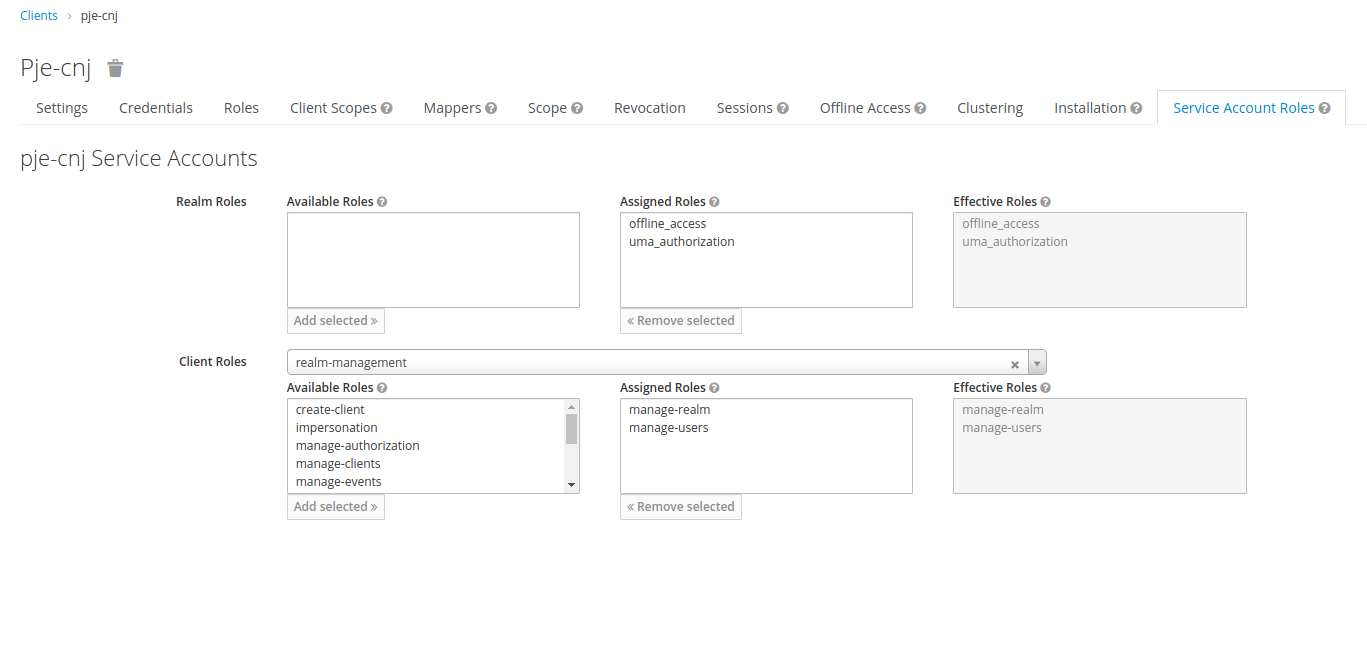 Imagem da aba Service Account Roles do keycloak